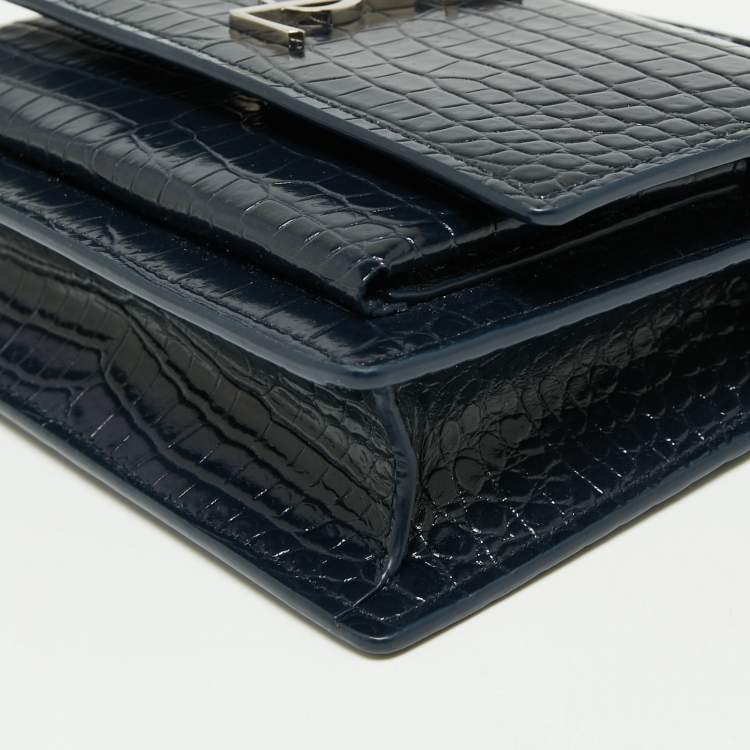 Pre Owned Saint Laurent Navy Blue Croc Embossed Leather Mini Sunset Chain Bag