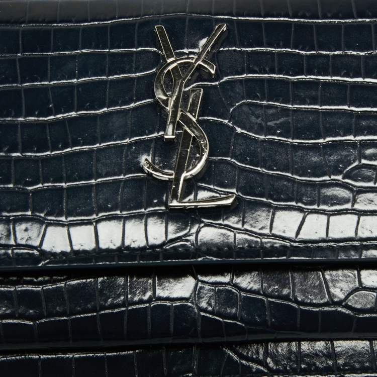 Pre Owned Saint Laurent Navy Blue Croc Embossed Leather Mini Sunset Chain Bag