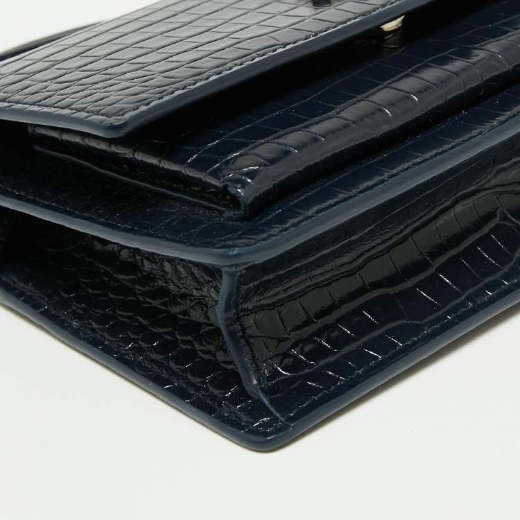 Pre Owned Saint Laurent Navy Blue Croc Embossed Leather Mini Sunset Chain Bag