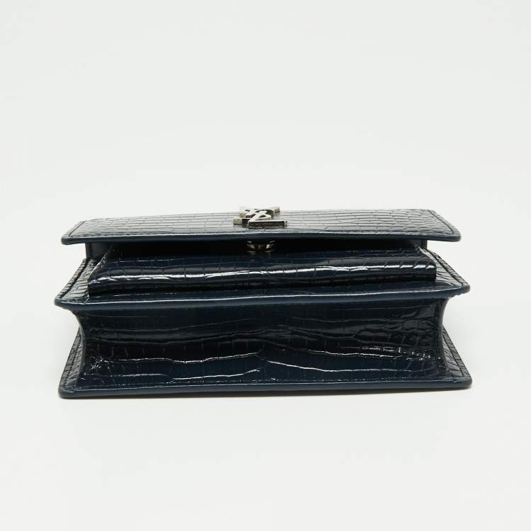 Pre Owned Saint Laurent Navy Blue Croc Embossed Leather Mini Sunset Chain Bag
