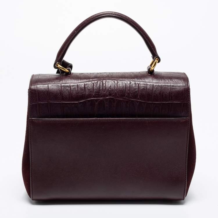 Pre Owned Saint Laurent Burgundy Croc Embossed Leather Moujik Top Handle Bag