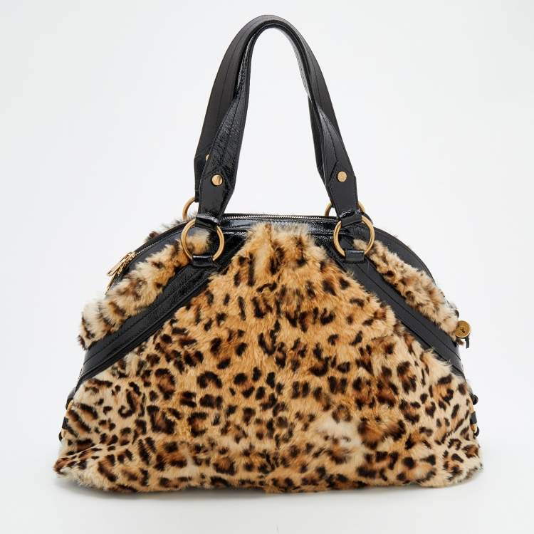 Pre Owned Yves Saint Laurent Beige Leather And Leopard Print Calf Hair Satchel