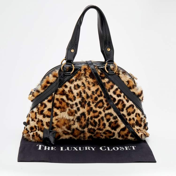 Pre Owned Yves Saint Laurent Beige Leather And Leopard Print Calf Hair Satchel