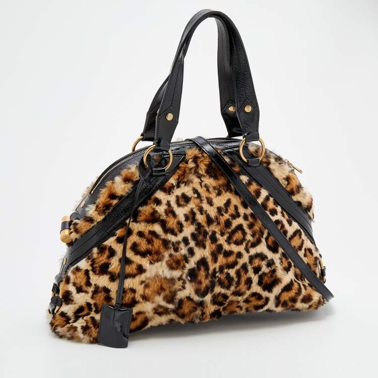 Pre Owned Yves Saint Laurent Beige Leather And Leopard Print Calf Hair Satchel