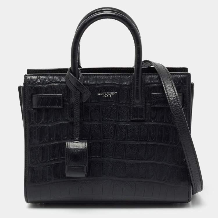 Pre Owned Saint Laurent Black Croc Embossed Leather Nano Classic Sac De Jour Tote