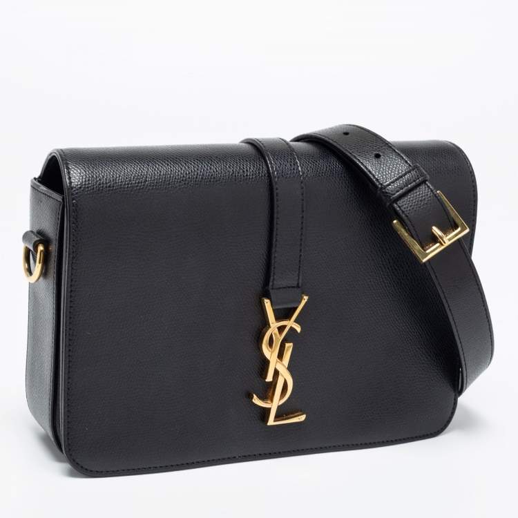 Pre Owned Saint Laurent Black Textured Leather Medium Monogram Universite Shoulder Bag
