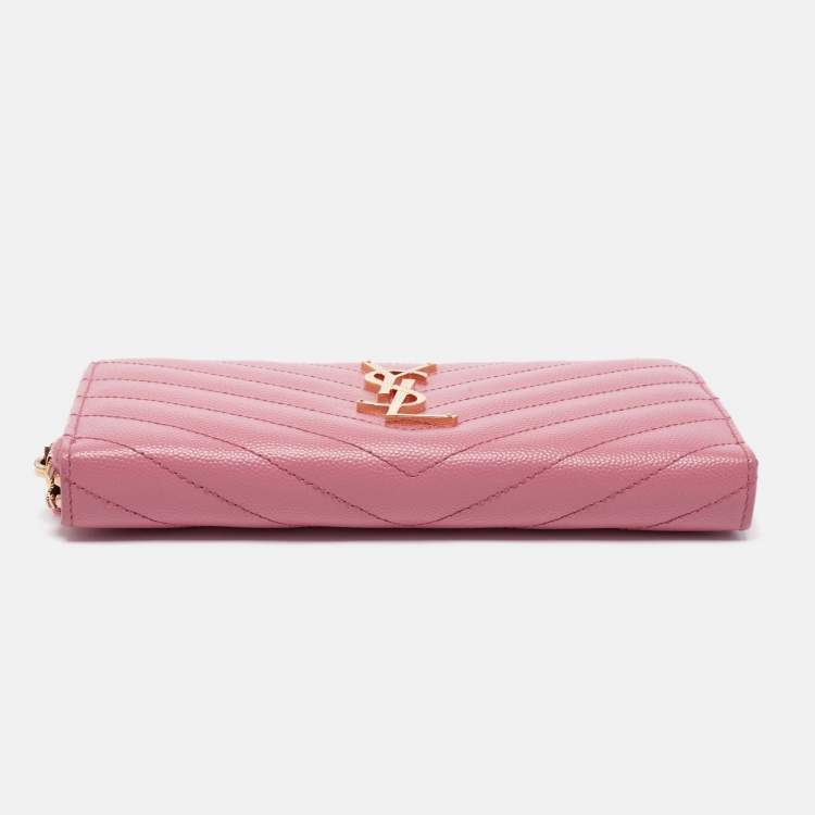 Pre Owned Saint Laurent Pink Matelassé Leather Cassandre Zip Around Wallet
