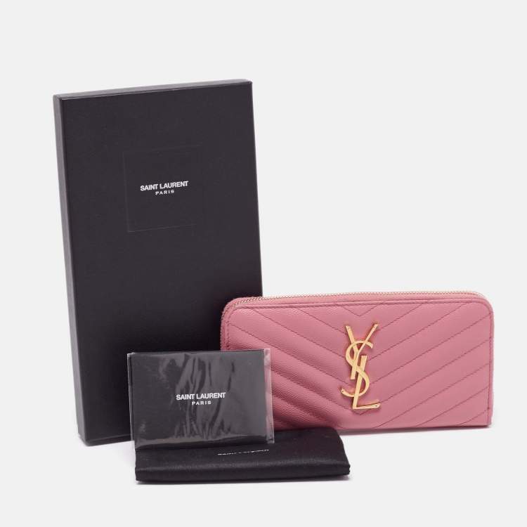 Pre Owned Saint Laurent Pink Matelassé Leather Cassandre Zip Around Wallet