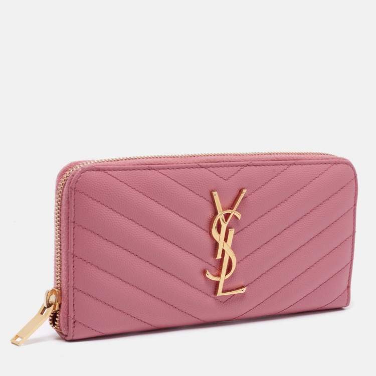 Pre Owned Saint Laurent Pink Matelassé Leather Cassandre Zip Around Wallet