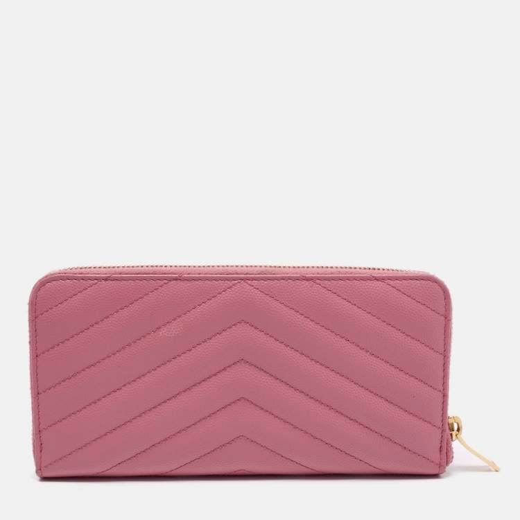 Pre Owned Saint Laurent Pink Matelassé Leather Cassandre Zip Around Wallet