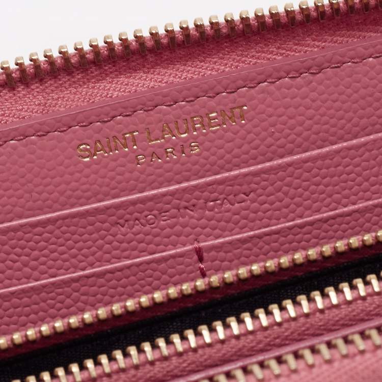 Pre Owned Saint Laurent Pink Matelassé Leather Cassandre Zip Around Wallet