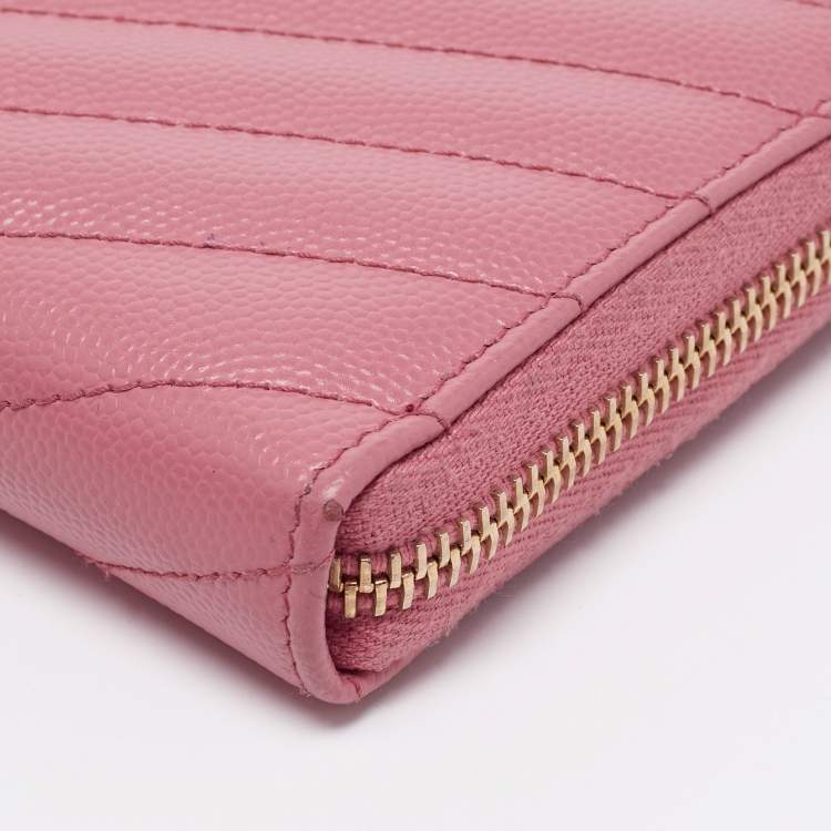 Pre Owned Saint Laurent Pink Matelassé Leather Cassandre Zip Around Wallet
