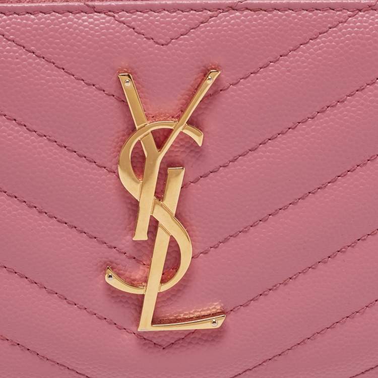 Pre Owned Saint Laurent Pink Matelassé Leather Cassandre Zip Around Wallet