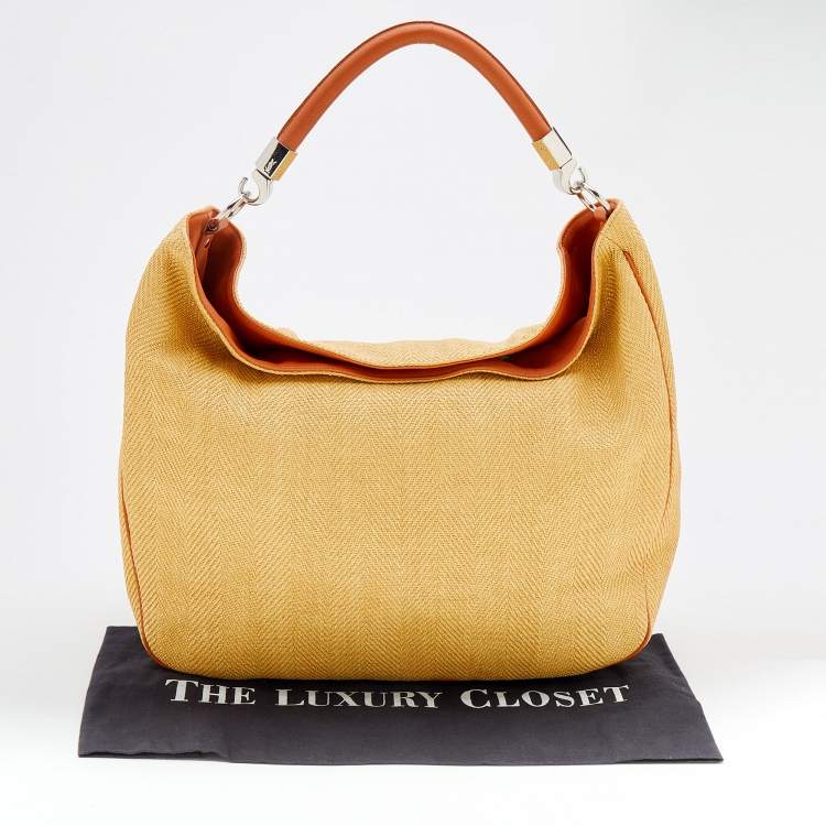 Pre Owned Yves Saint Laurent Yellow/Brown Fabric And Leather Hobo