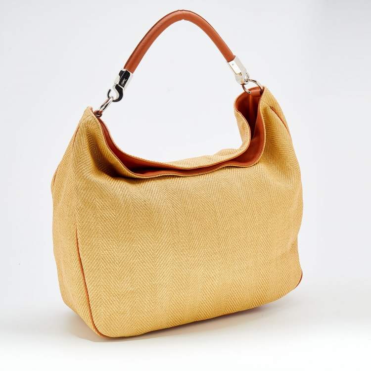 Pre Owned Yves Saint Laurent Yellow/Brown Fabric And Leather Hobo