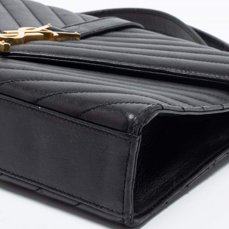 Pre Owned Saint Laurent Black Quilted Leather Monogram Envelope Shoulder Bag