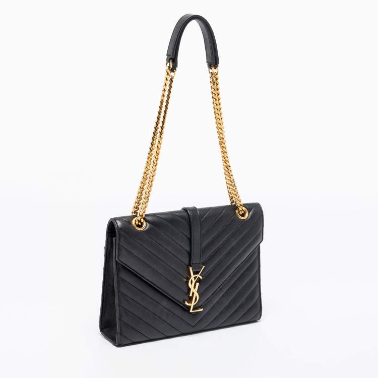 Pre Owned Saint Laurent Black Quilted Leather Monogram Envelope Shoulder Bag