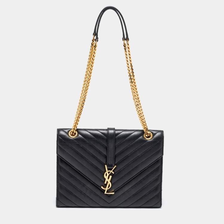 Pre Owned Saint Laurent Black Quilted Leather Monogram Envelope Shoulder Bag