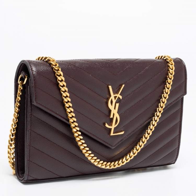 مملوكة مسبقًا Saint Laurent Burgundy Matelassé Leather Monogram Envelope Wallet on Chain