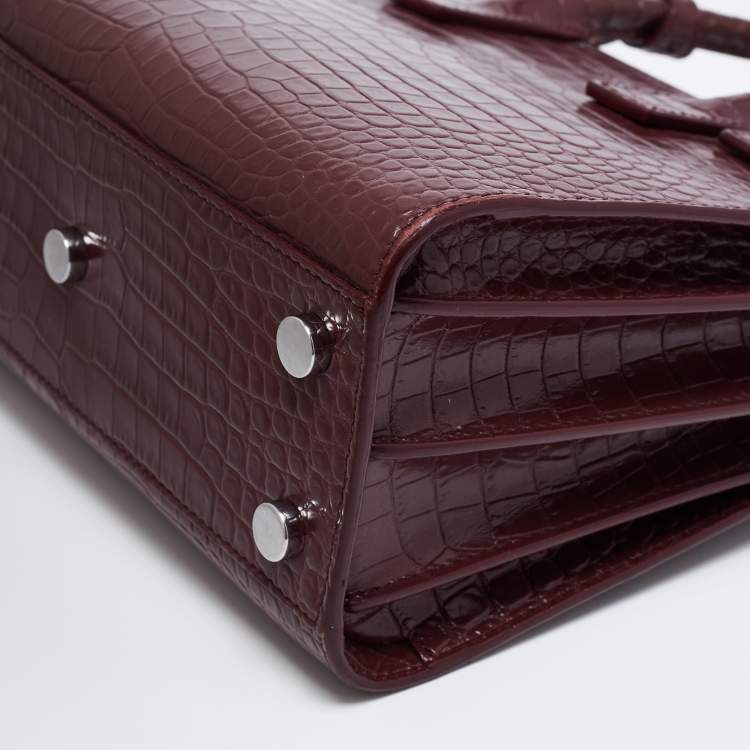 Pre Owned Saint Laurent Burgundy Croc Embossed Leather Nano Classic Sac De Jour Tote