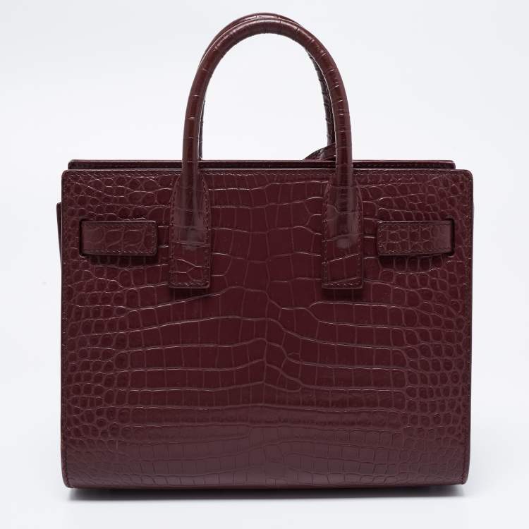 Pre Owned Saint Laurent Burgundy Croc Embossed Leather Nano Classic Sac De Jour Tote