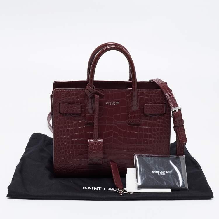 Pre Owned Saint Laurent Burgundy Croc Embossed Leather Nano Classic Sac De Jour Tote