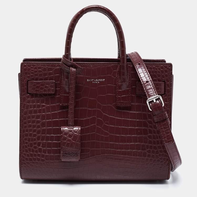 Pre Owned Saint Laurent Burgundy Croc Embossed Leather Nano Classic Sac De Jour Tote