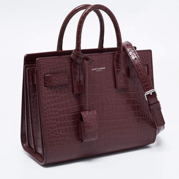 Pre Owned Saint Laurent Burgundy Croc Embossed Leather Nano Classic Sac De Jour Tote