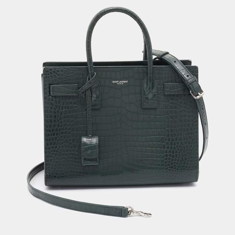 Pre Owned Saint Laurent Green Croc Embossed Leather Baby Classic Sac De Jour Tote