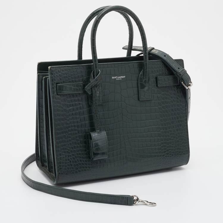 Pre Owned Saint Laurent Green Croc Embossed Leather Baby Classic Sac De Jour Tote