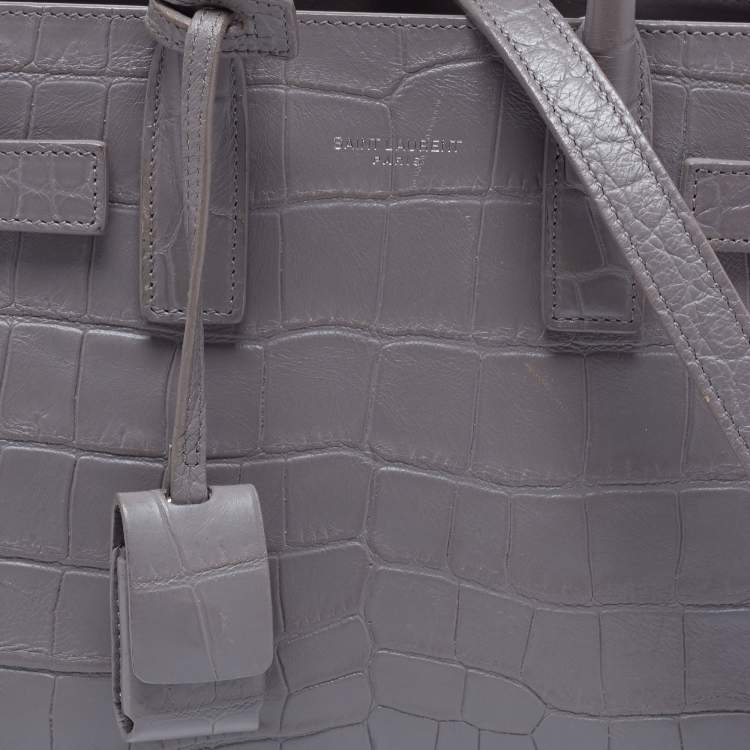 Pre Owned Saint Laurent Grey Croc Embossed Leather Nano Classic Sac De Jour Tote