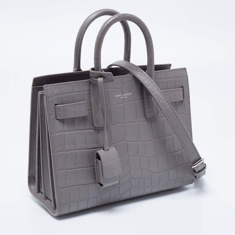 Pre Owned Saint Laurent Grey Croc Embossed Leather Nano Classic Sac De Jour Tote