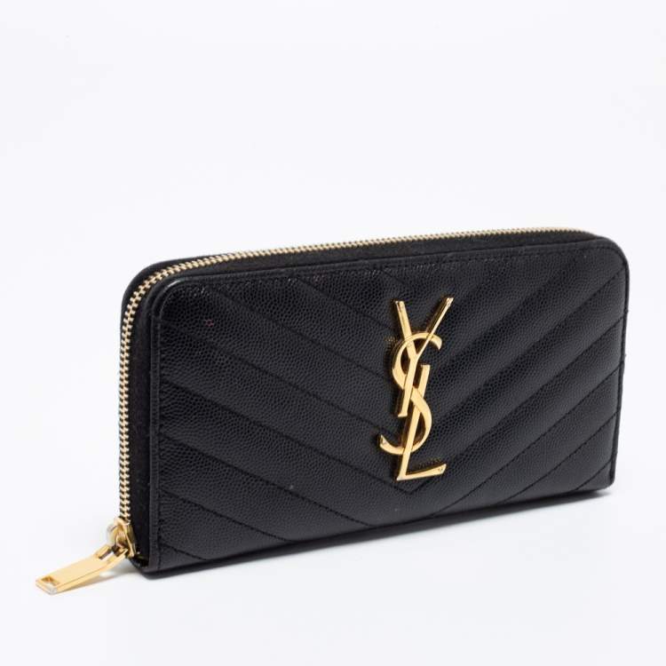 Pre Owned Saint Laurent Black Leather Monogram Zip Around Wallet