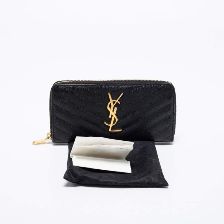 Pre Owned Saint Laurent Black Leather Monogram Zip Around Wallet
