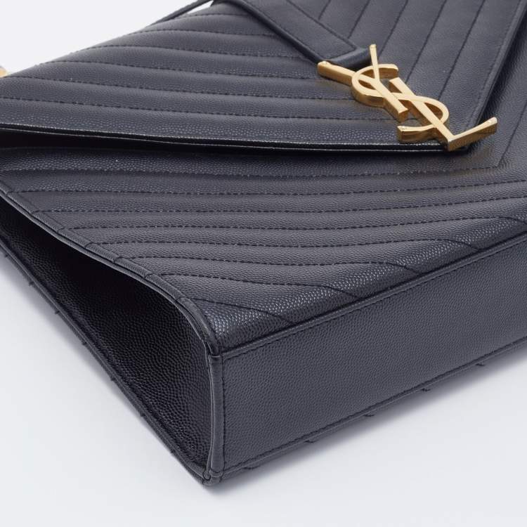 Pre Owned Saint Laurent Black Matelassé Leather Large Monogram Envelope Shoulder Bag
