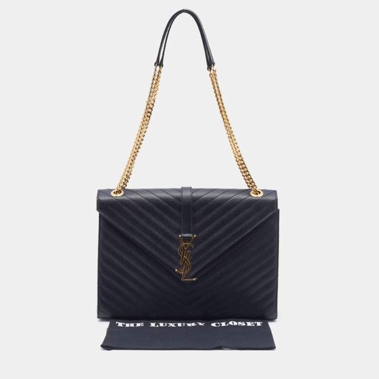 Pre Owned Saint Laurent Black Matelassé Leather Large Monogram Envelope Shoulder Bag
