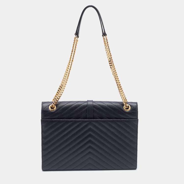 Pre Owned Saint Laurent Black Matelassé Leather Large Monogram Envelope Shoulder Bag
