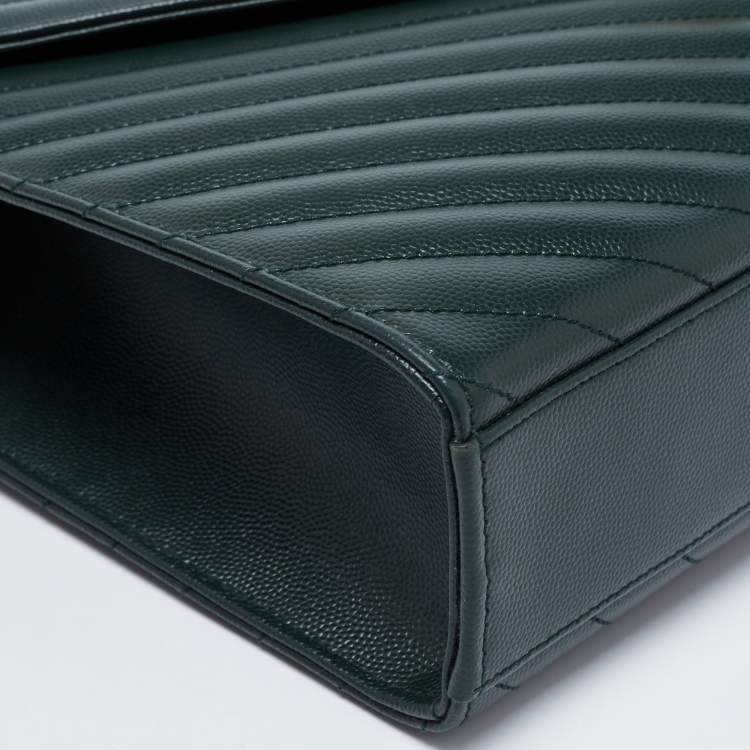 Pre Owned Saint Laurent Green Matelassé  Leather Monogram Envelope Shoulder Bag