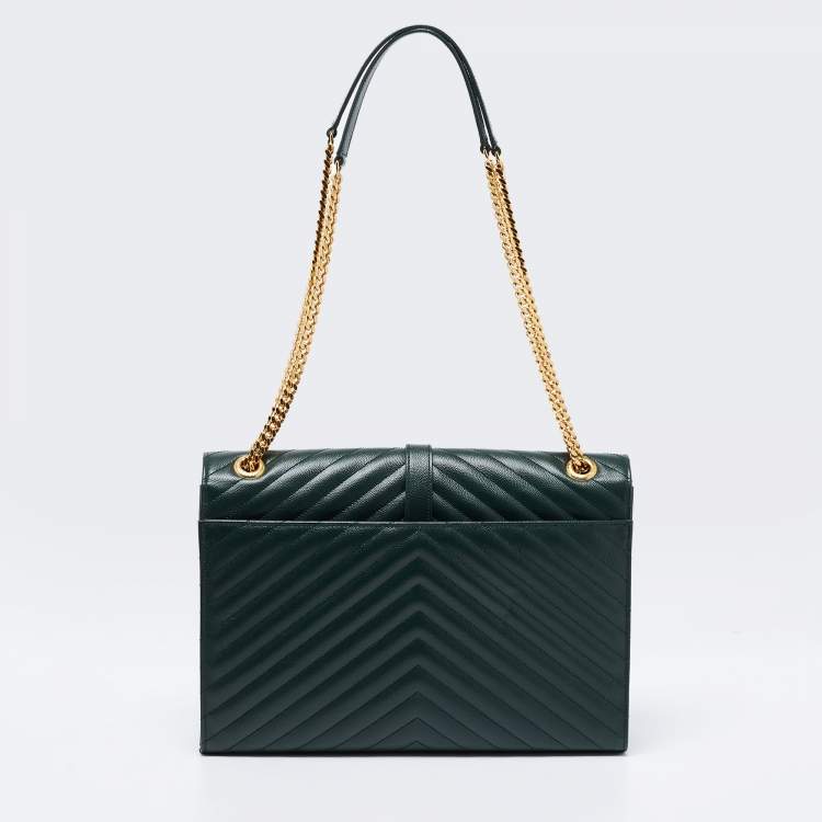 Pre Owned Saint Laurent Green Matelassé  Leather Monogram Envelope Shoulder Bag