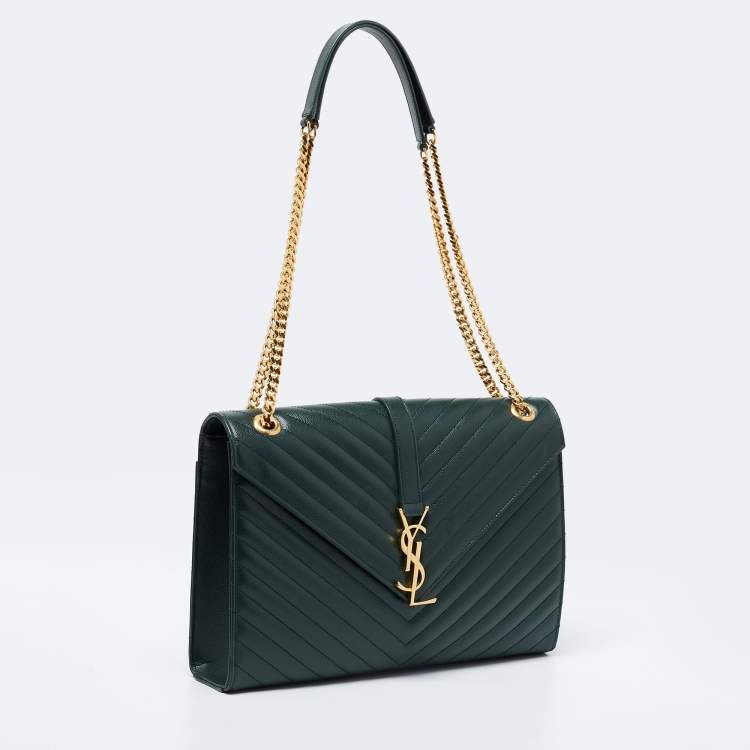 Pre Owned Saint Laurent Green Matelassé  Leather Monogram Envelope Shoulder Bag