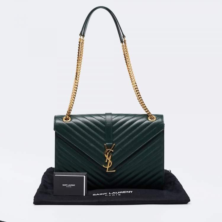 Pre Owned Saint Laurent Green Matelassé  Leather Monogram Envelope Shoulder Bag