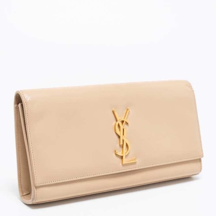 Pre Owned Saint Laurent Beige Leather Monogram Kate Clutch