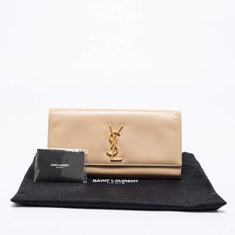 Pre Owned Saint Laurent Beige Leather Monogram Kate Clutch