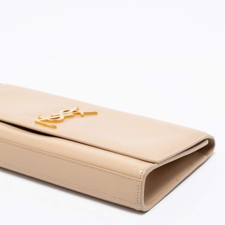 Pre Owned Saint Laurent Beige Leather Monogram Kate Clutch