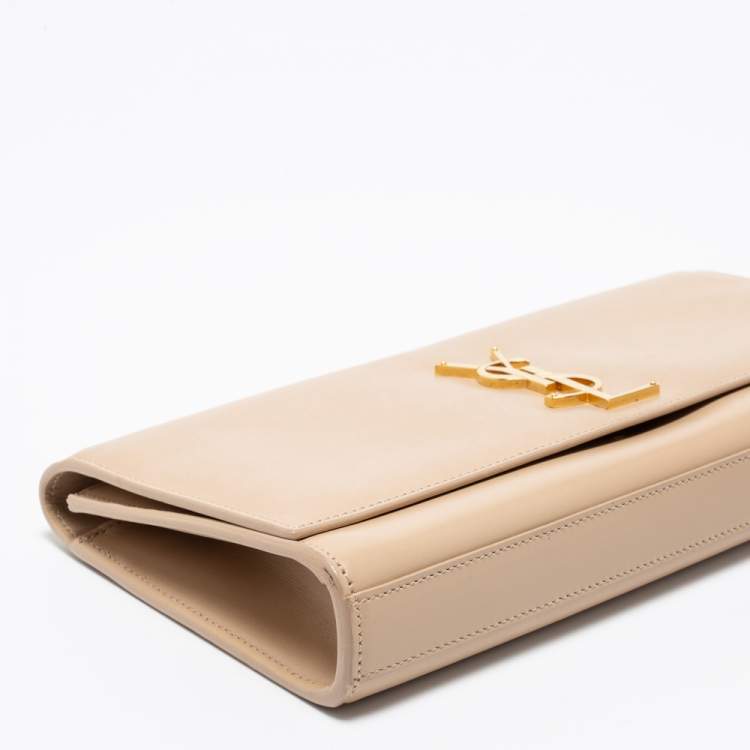 Pre Owned Saint Laurent Beige Leather Monogram Kate Clutch