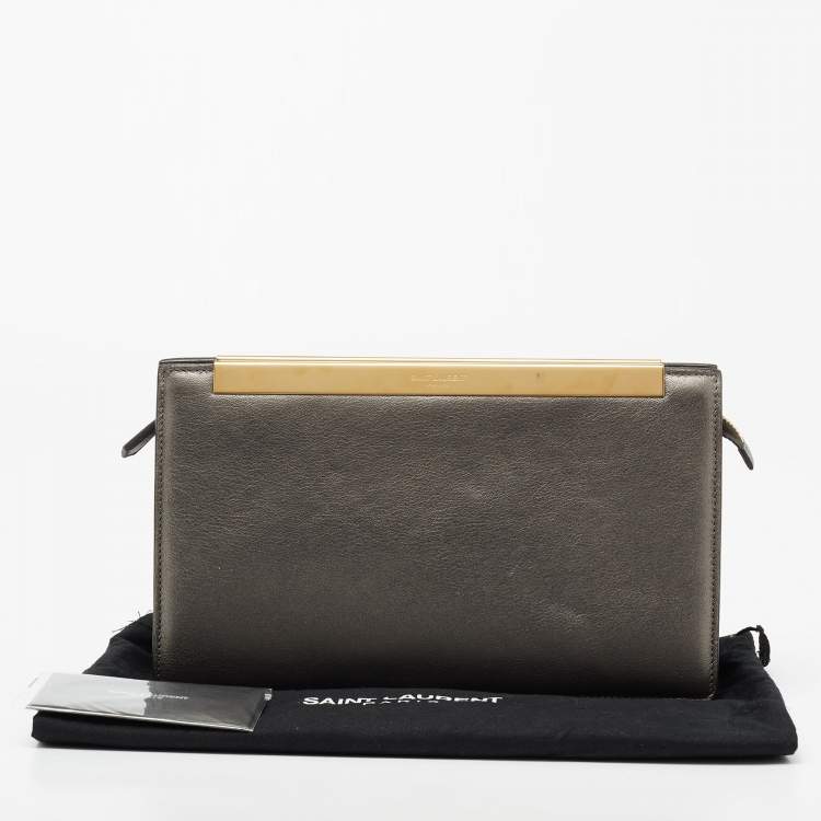 Pre Owned Saint Laurent Metallic Grey Leather Lutetia Clutch