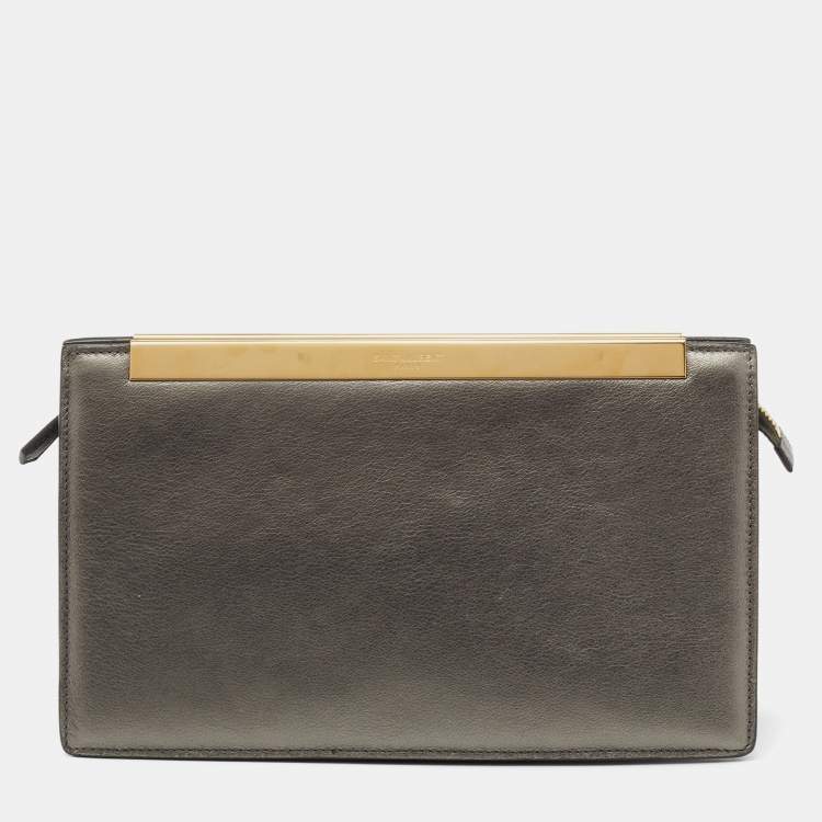 Pre Owned Saint Laurent Metallic Grey Leather Lutetia Clutch