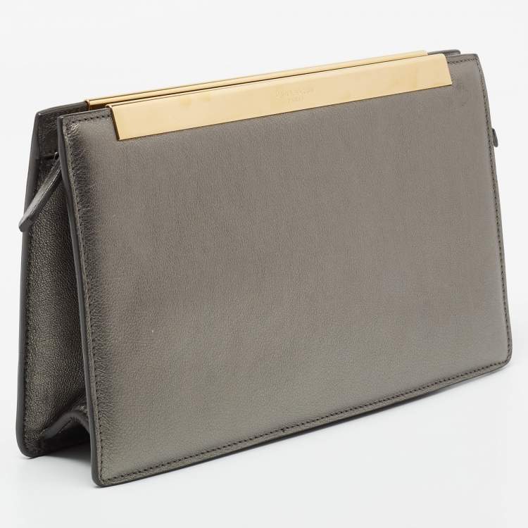 Pre Owned Saint Laurent Metallic Grey Leather Lutetia Clutch