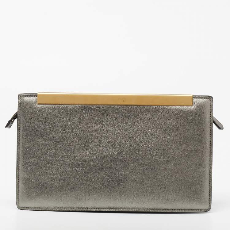 Pre Owned Saint Laurent Metallic Grey Leather Lutetia Clutch