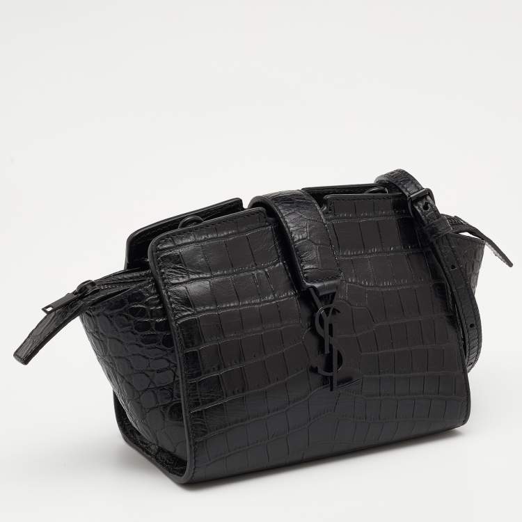 Pre Owned Saint Laurent Black Croc Embossed Leather Toy Cabas Crossbody Bag